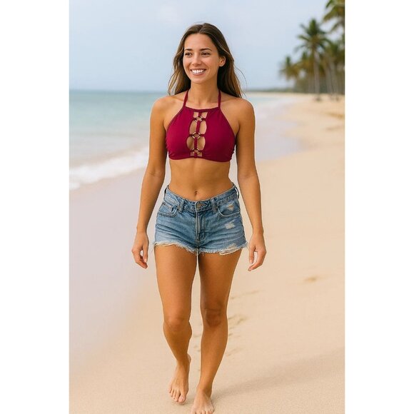 California Sunshine Halter Bikini Top W/ Gold Ring Detail Medium Maroon Nylon/Sp - Picture 1 of 4